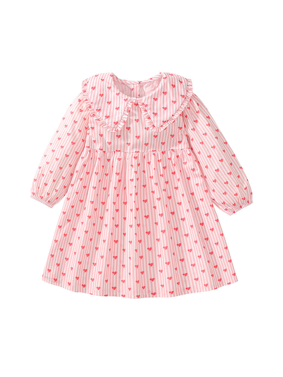 Design Autumn Girls Striped And Heart Pattern Preppy Collar Long Sleeves Princess Dress - MyKids-USA™