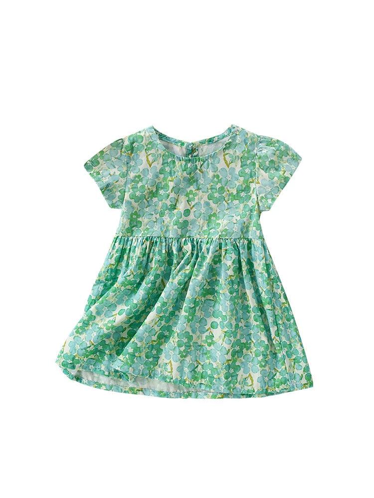Summer New Design Girls’ Oil Painting Flowers Pattern Short Sleeves Crew Neck Dress - MyKids-USA™