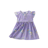 Summer Arrival Cute Flowers Pattern Fly Sleeves Crew Neck Dress for Stylish Girls