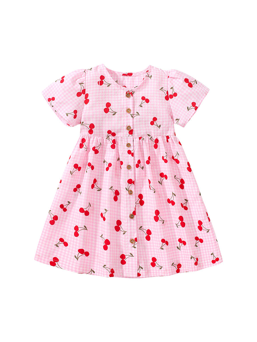 Baby Girls Crew Neck Plaid Cherry Print Short Sleeves Dress - MyKids-USA™