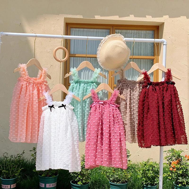 Summer Baby Kids Girls Sleeveless Solid Color 3D Butterfly Bows Design Mesh Design Strap Dress - MyKids-USA™