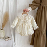 Autumn Arrival Baby Girls Long Sleeves Beige Embroidery Onesies Dress