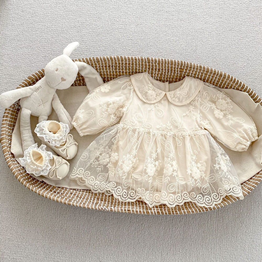 Arrival Baby Girls Long Sleeves Solid Color Floral Embroidered Tulle Bodysuits Dress - MyKids-USA™