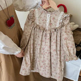 Spring and Autumn Ruffle Edged Neck French Style Floral Sweet Children’s Doll Dress - MyKids-USA™