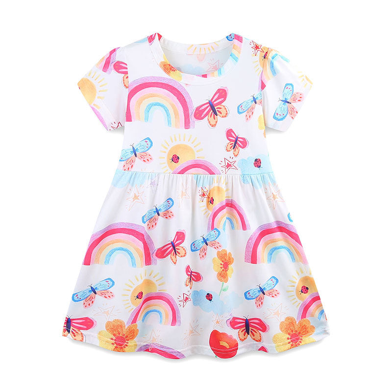 Summer Polyester Butterfly and Rainbow Pattern Short Sleeves Dress for Stylish Girls - MyKids-USA™