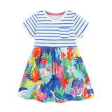 Summer Pure Cotton Cartoon Jungle Floral Pattern Short Sleeves Dress for Stylish Girls