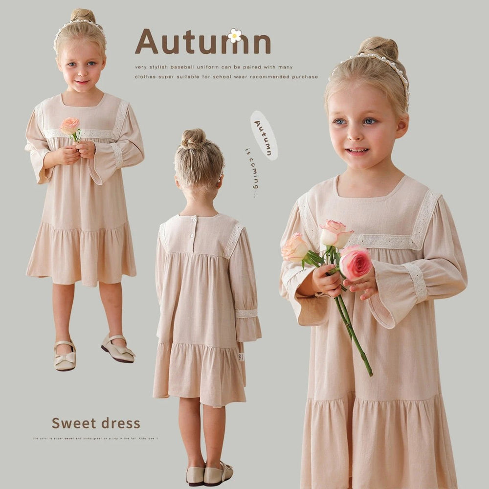 Arrival Autumn Girls Simple Square Neck Long Sleeves Patchwork Design Dress - MyKids-USA™