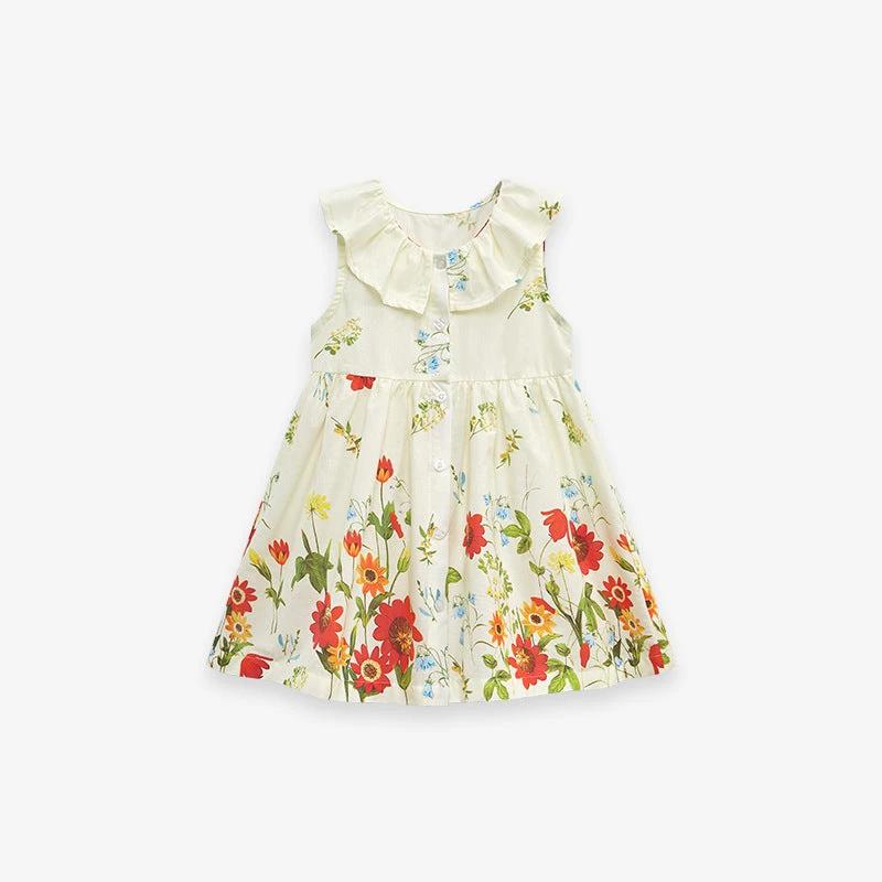 Summer Girls Sleeveless Floral Pattern Single Breasted Dress - MyKids-USA™