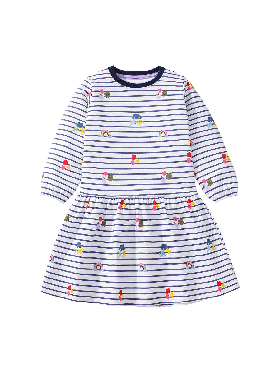 Best Selling Autumn Girls Rainbow And Striped Pattern Crew Neck Long Sleeves Dress - MyKids-USA™