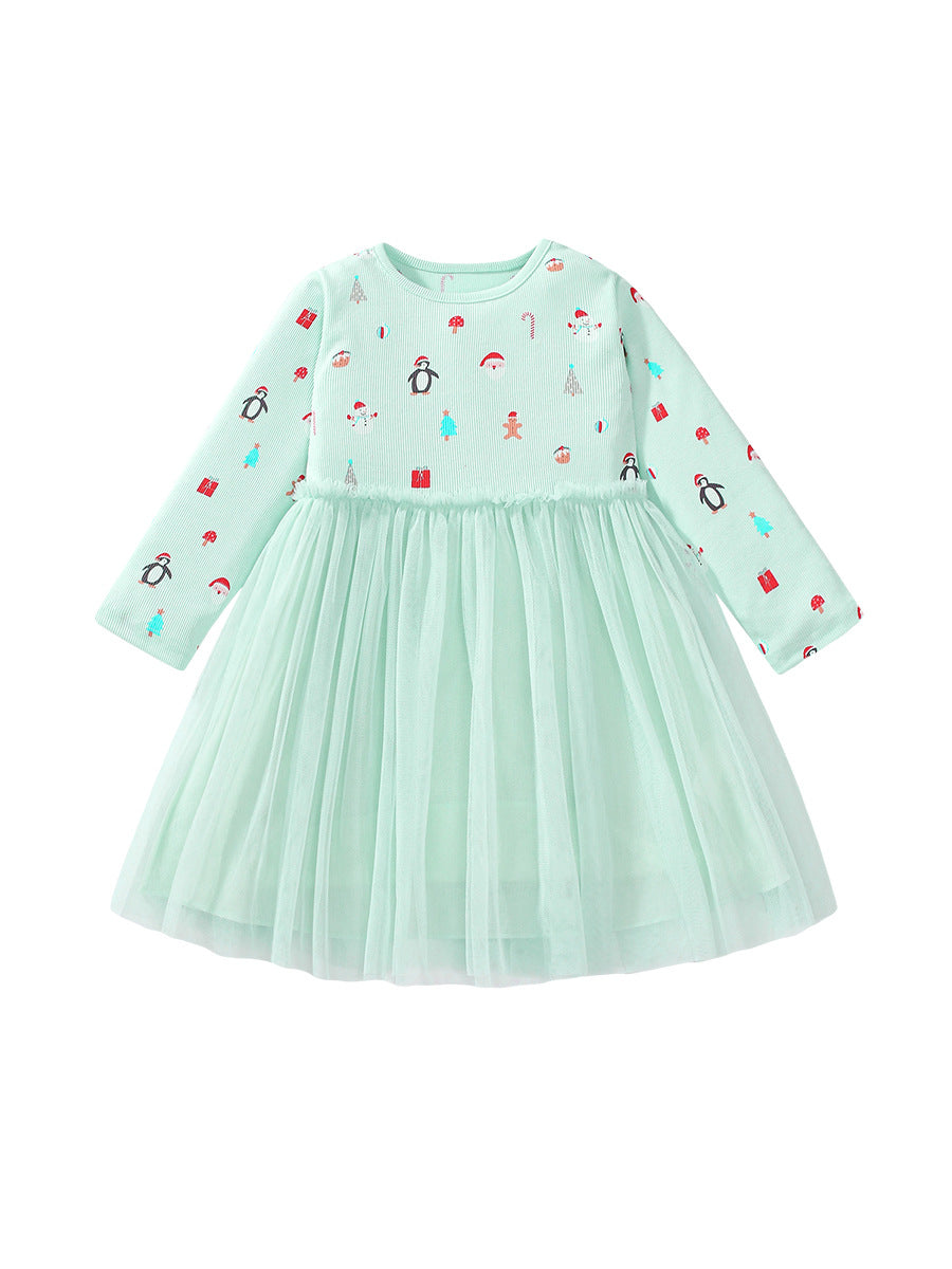 Arrival Autumn Girls Cartoon Christmas Print Crew Neck Long Sleeves Tulle Patchwork Princess Dress - MyKids-USA™
