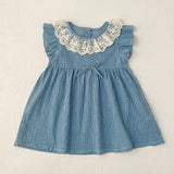 New Arrival Summer Girls Blue Plaid Noble Lace Floral Collar Fly Sleeves Onesies And Dress – Princess Sister Matching Set