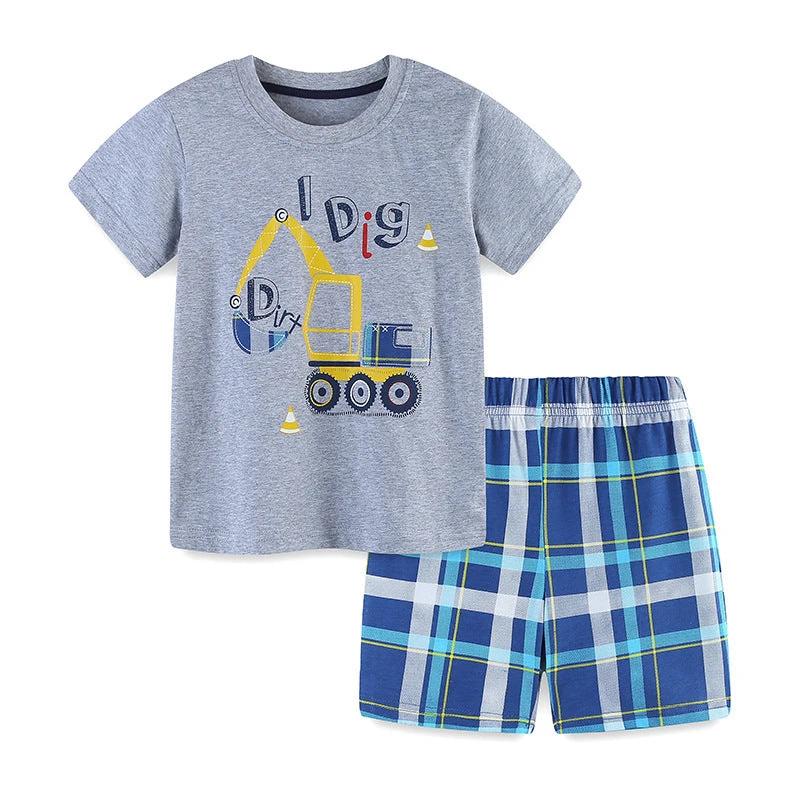 Summer Baby Kids Boys Excavator Cartoon Print T-Shirt And Plaid Shorts Clothing Set - MyKids-USA™