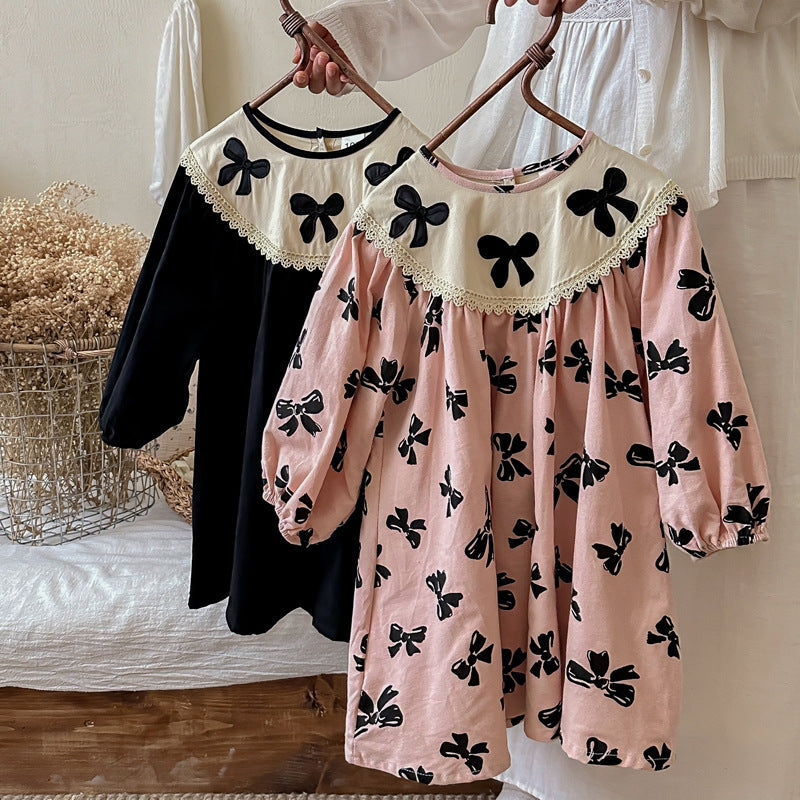 Arrival Autumn Girls Butterfly-bows Pattern Long Sleeves Dress with Embroidery Collar - MyKids-USA™