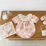 Design Summer Girls Flowers Pattern Short Sleeves Hollow Out Collar Onesies And Clothing Set – Sister Matching Clothing Set