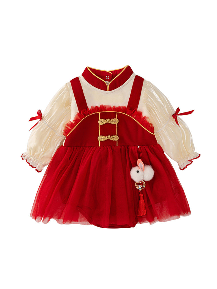 Autumn Tulle Dress Design Baby Girls Color Patchwork Long Sleeves Onesies with Stand Collar and Butterfly Bows - MyKids-USA™