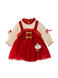 Autumn Tulle Dress Design Baby Girls Color Patchwork Long Sleeves Onesies with Stand Collar and Butterfly Bows - MyKids-USA™