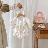 Summer Girls Flowers Pattern Short Sleeves Embroidery Collar Onesies And Dress – Sister Matching Clothing Set