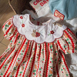 Summer Baby Kids Girls Short Sleeves Embroidered Collar Cartoon Rabbits Pattern Dress