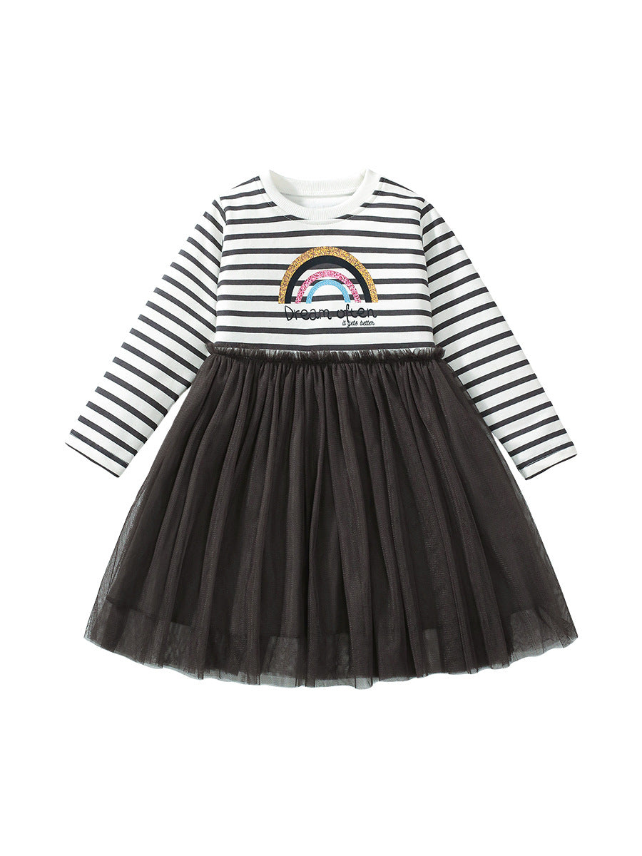 Best Selling Autumn Girls Rainbow And Striped Pattern Crew Neck Long Sleeves Tulle Patchwork Dress - MyKids-USA™