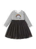 Best Selling Autumn Girls Rainbow And Striped Pattern Crew Neck Long Sleeves Tulle Patchwork Dress - MyKids-USA™