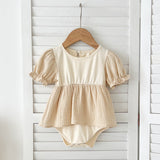 Summer Girls Apricot Patchwork Crew Neck Short Sleeves Onesies And Girls’ Dress – Simple Sister Matching Set