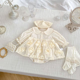 Autumn Arrival Baby Girls Long Sleeves Solid Color 3D Tulle Flowers Attached Bodysuits Dress