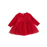 Spring New Design Baby Red Long Sleeves Mesh Onesie Dress For Girls