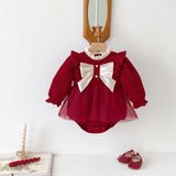 Autumn Arrival Baby Girls Long Sleeves Red Ruffle Neck Patchwork Onesies Dress