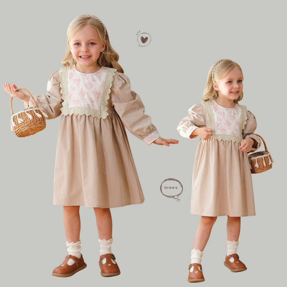 Arrival Autumn Girls Princess Crew Neck Long Sleeves Flowers Printed Patchwork Dress - MyKids-USA™