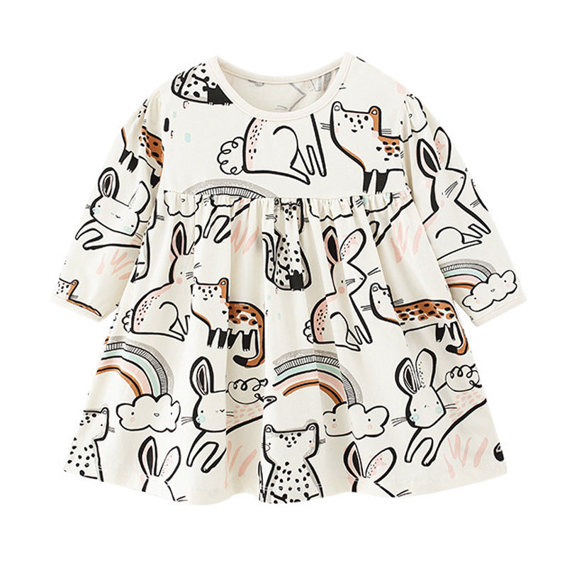 Baby Girl Cartoon Animal Pattern A-Line Design Loose Cotton Dress - MyKids-USA™