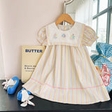 Summer Arrival Baby Kids Girls Short Sleeves Boats Pattern Embroidered Striped Dress