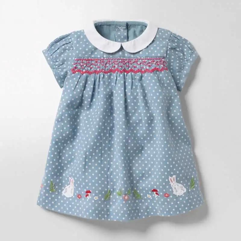Summer New Arrival Girls Short Sleeves Rabbits Cartoon White Dots Peter Pan Collar Dress - MyKids-USA™