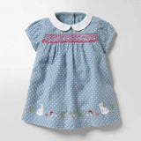 Summer New Arrival Girls Short Sleeves Rabbits Cartoon White Dots Peter Pan Collar Dress - MyKids-USA™