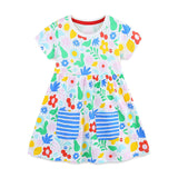 Summer Pure Cotton Colorful Flowers Pattern Short Sleeves Dress for Stylish Girls