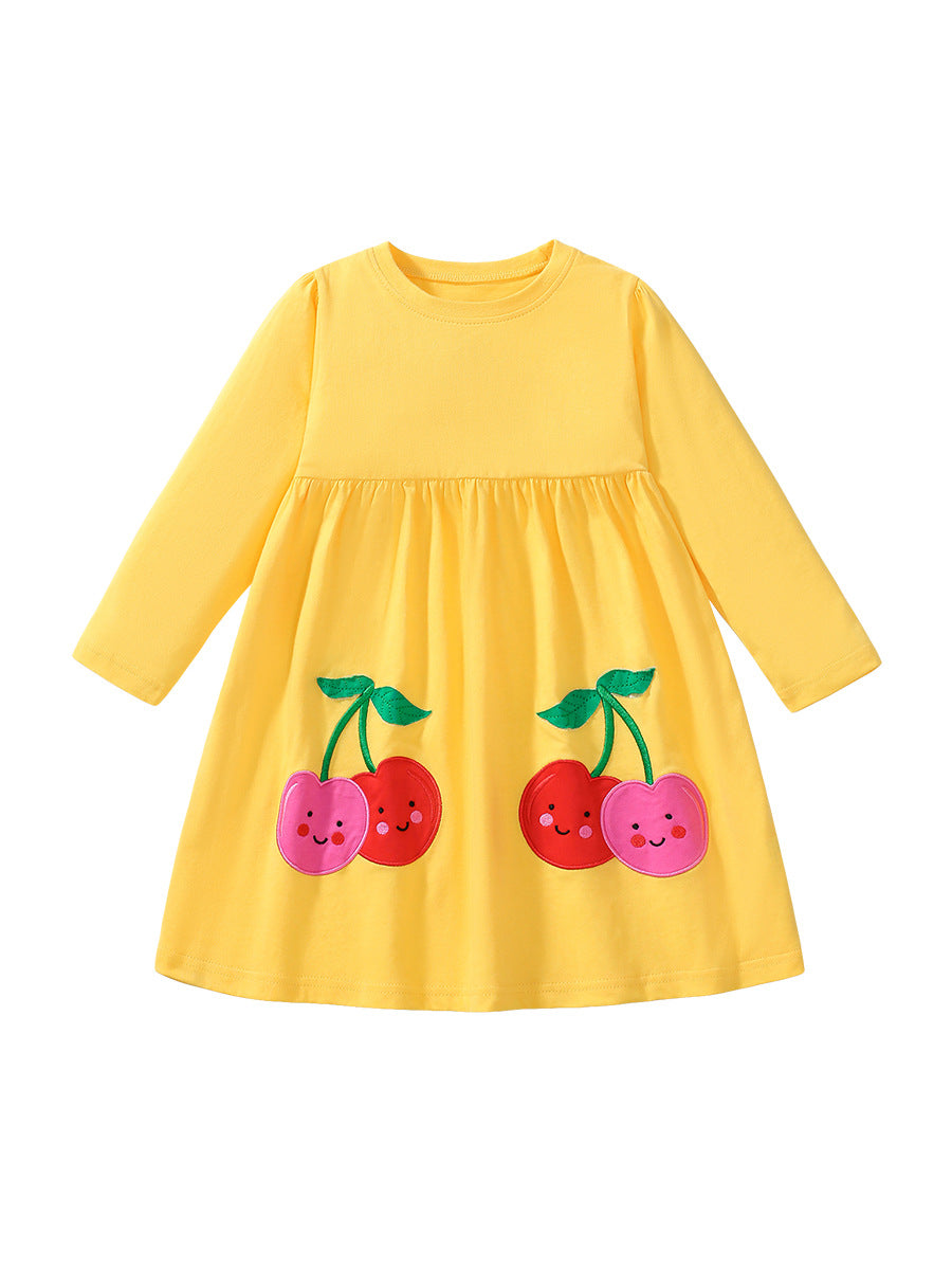 Best Selling Cheap Autumn Girls Cartoon Cherry Pattern Crew Neck Long Sleeves Yellow Dress - MyKids-USA™