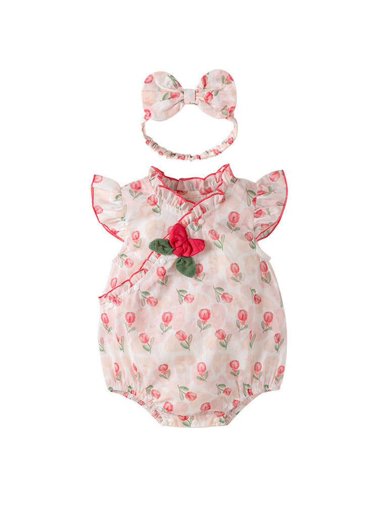 Summer New Design Baby Girls Red Rose Flowers Pattern Fly Sleeves Ruffle Neck Sweet Cute Onesies - MyKids-USA™