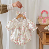 Summer Girls Flowers Pattern Short Sleeves Hollow Out Collar Onesies And Dress – Sister Matching Clothing Set