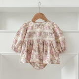 New Design Autumn Floral Print Baby Kids Crew Neck Patchwork Onesies And Dress – Princess Sister Matching Set