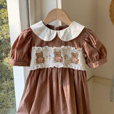 Summer Hot Selling Baby Kids Girls Cute Short Sleeves Teddy Bear Embroidered Dress