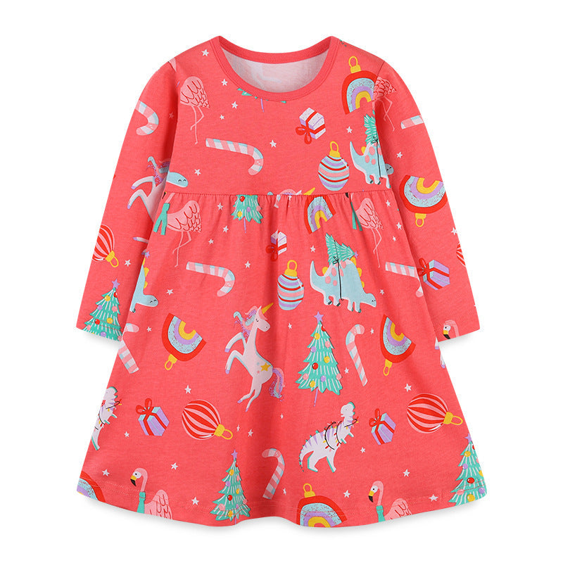 Baby Girl Cartoon Print Pattern Western Style Loose Christmas Dress - MyKids-USA™