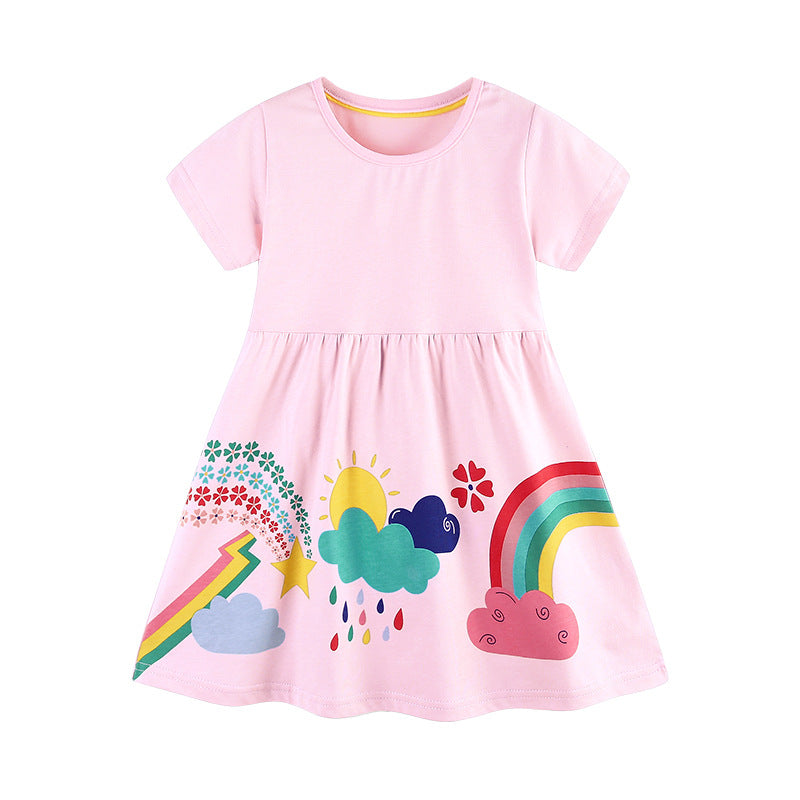 Summer Pure Cotton Colorful Rainbow Pattern Short Sleeves Pink Dress for Stylish Girls - MyKids-USA™
