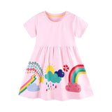 Summer Pure Cotton Colorful Rainbow Pattern Short Sleeves Pink Dress for Stylish Girls - MyKids-USA™