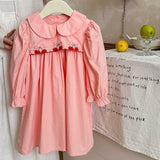 Arrival Autumn Girls Cherry Embroidery Long Sleeves Peter Pan Collar Dress - MyKids-USA™