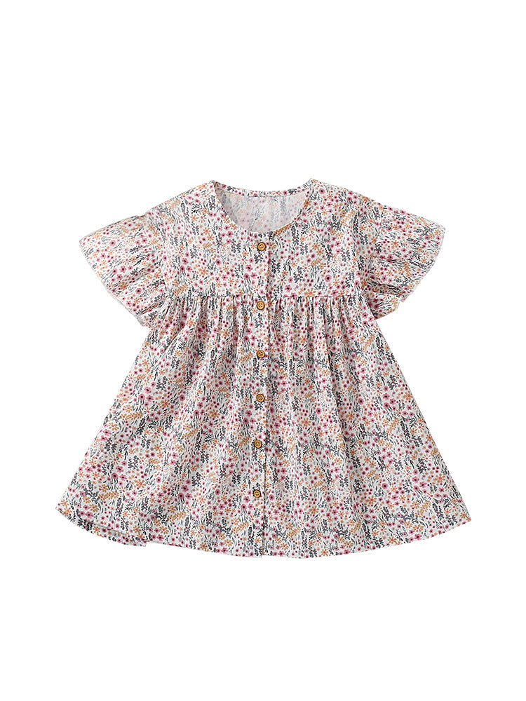 Summer Arrival Flowers Pattern Short Sleeves Single Breasted Dress for Stylish Girls - MyKids-USA™