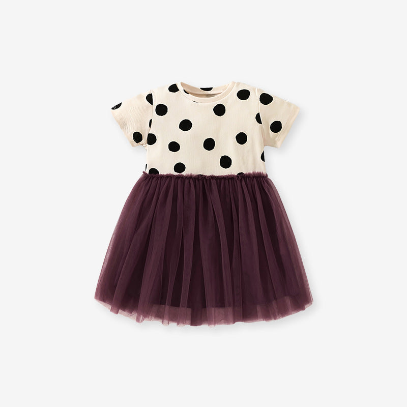Summer Kids Girls Short Sleeves Polka Dots Pattern Mesh Patchwork Princess Dress - MyKids-USA™