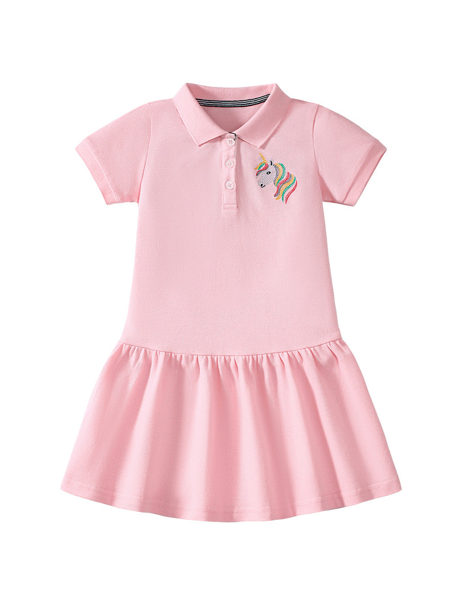 Summer Unicorn Logo Short-sleeved Pink Dress with Turn-down Collar for Stylish Girls - MyKids-USA™