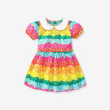 Summer Baby Kids Girls Short Sleeves Peter Pan Collar Colorful Flowers Print Dress