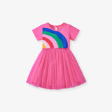 Summer Arrival Rainbow Pattern Short Sleeves Tulle Patchwork Dress for Stylish Girls