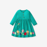 Design Autumn Girls Fruits And Flowers Pattern Crew Neck Long Sleeves Green Dress