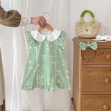 New Design Summer Girls Flowers Pattern Fly Sleeves Peter Pan Collar Onesies And Dress – Sister Matching Clothing Set